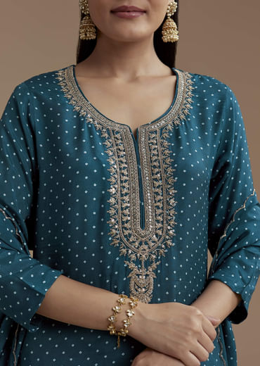 Teal Bandhani Print Silk Kurta Set with Zari Work