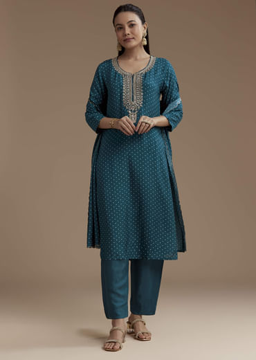 Teal Bandhani Print Silk Kurta Set with Zari Work