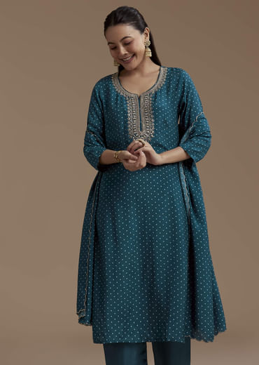 Teal Bandhani Print Silk Kurta Set with Zari Work