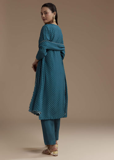 Teal Bandhani Print Silk Kurta Set with Zari Work