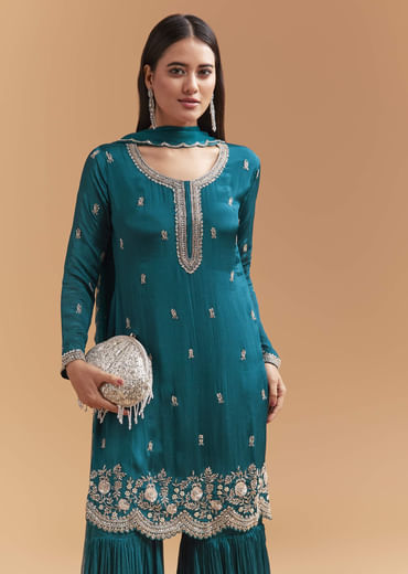 Teal Blue Chinon Sharara Suit With Sequins And Cutdana Work