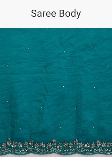 Teal Blue Crushed Tissue Stone Embellished Saree With Cutdana Scallop Border
