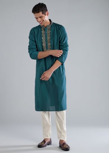 Teal Blue Kurta Set With Thread Resham And French Knot Detailing