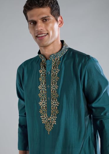 Teal Blue Kurta Set With Thread Resham And French Knot Detailing