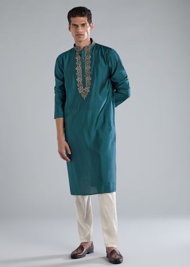 Teal Blue Kurta Set With Thread Resham And French Knot Detailing