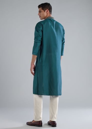 Teal Blue Kurta Set With Thread Resham And French Knot Detailing