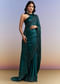 Teal Blue Satin Chinon Saree With Heavy Hand Embroidery