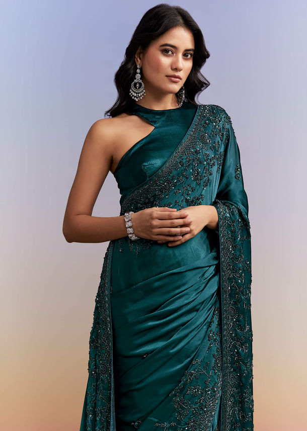 Teal Blue Satin Chinon Saree With Heavy Hand Embroidery