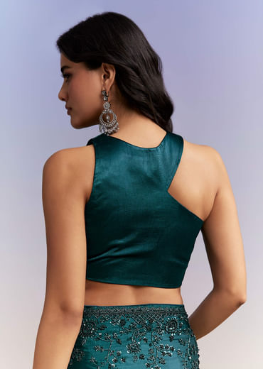 Teal Blue Satin Chinon Saree With Heavy Hand Embroidery