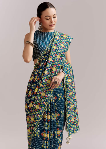 Teal Blue Satin Saree With Ajrakh Print And Scallop Gota Zari Border