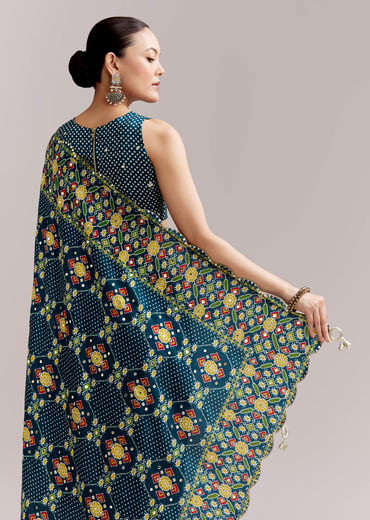 Teal Blue Satin Saree With Ajrakh Print And Scallop Gota Zari Border