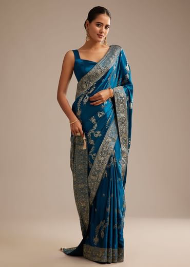 Teal Blue Satin Saree With Zari Woven Work