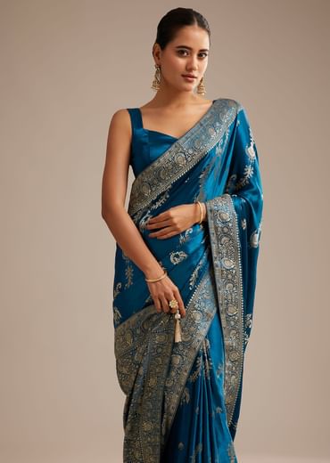 Teal Blue Satin Saree With Zari Woven Work