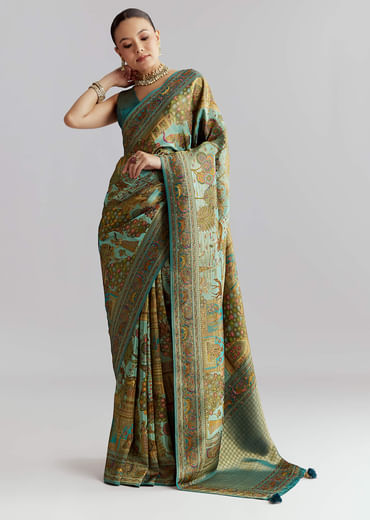 Teal Blue Satin Silk Woven Saree With Digital Historical Print