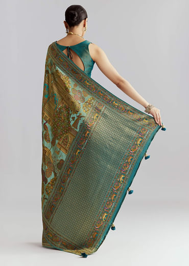 Teal Blue Satin Silk Woven Saree With Digital Historical Print