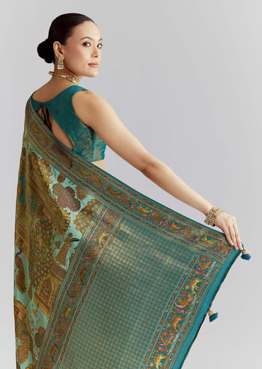 Teal Blue Satin Silk Woven Saree With Digital Historical Print