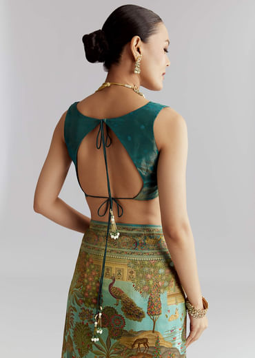 Teal Blue Satin Silk Woven Saree With Digital Historical Print