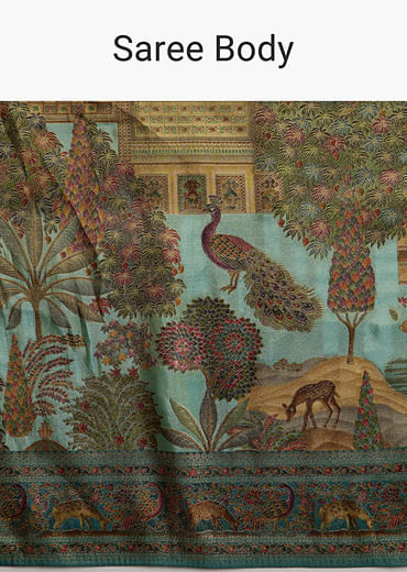 Teal Blue Satin Silk Woven Saree With Digital Historical Print