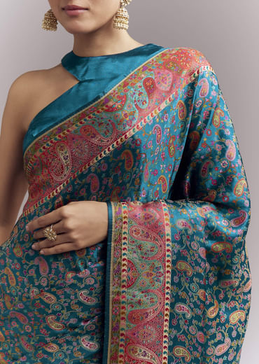 Teal Blue Satin Woven Saree With Multicolour Traditional Motifs