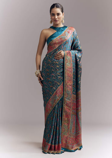 Teal Blue Satin Woven Saree With Multicolour Traditional Motifs