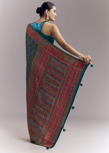 Teal Blue Satin Woven Saree With Multicolour Traditional Motifs