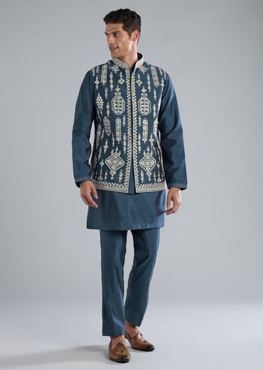 Teal Blue Silk Kurta Jacket Set With Thread Resham Zari Work