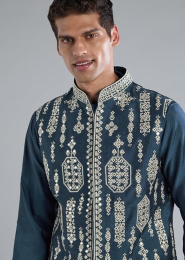 Teal Blue Silk Kurta Jacket Set With Thread Resham Zari Work