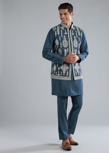 Teal Blue Silk Kurta Jacket Set With Thread Resham Zari Work