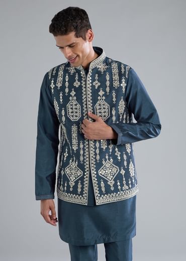 Teal Blue Silk Kurta Jacket Set With Thread Resham Zari Work