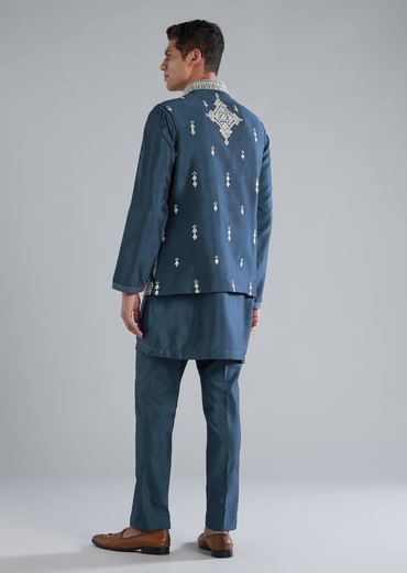 Teal Blue Silk Kurta Jacket Set With Thread Resham Zari Work