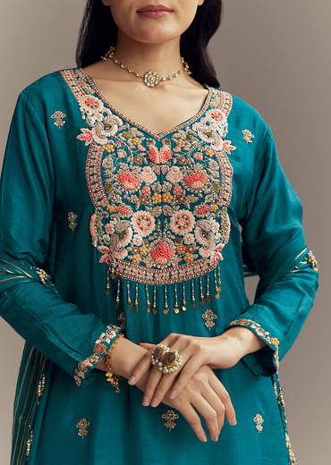 Teal Blue Silk Kurta Set With Zardosi And Resham Work