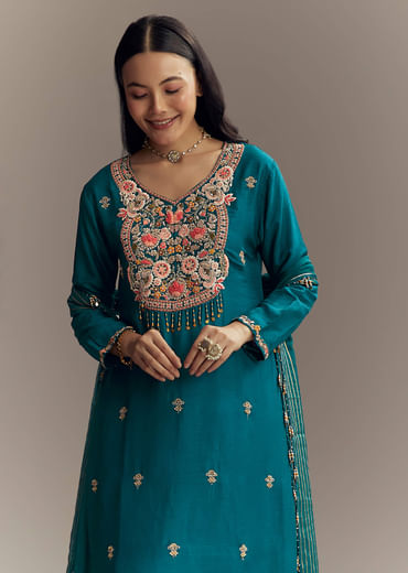 Teal Blue Silk Kurta Set With Zardosi And Resham Work