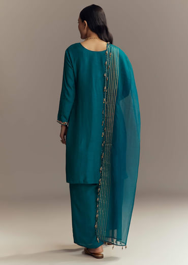 Teal Blue Silk Kurta Set With Zardosi And Resham Work
