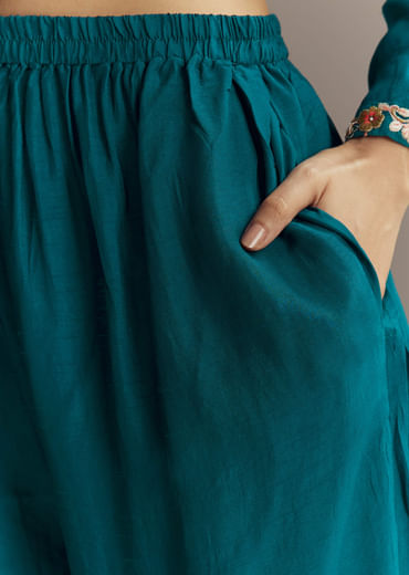 Teal Blue Silk Kurta Set With Zardosi And Resham Work