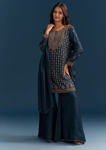 Teal Blue Silk Palazzo Suit With Cut Dana Work And Dupatta