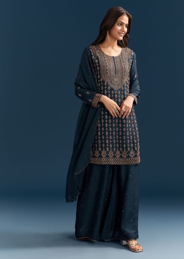 Teal Blue Silk Palazzo Suit With Cut Dana Work And Dupatta