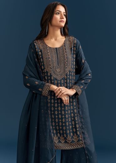 Teal Blue Silk Palazzo Suit With Cut Dana Work And Dupatta