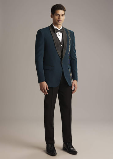 Teal Blue Tuxedo For Men With Cutdana Embroidery