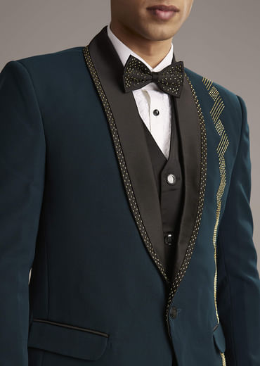 Teal Blue Tuxedo For Men With Cutdana Embroidery