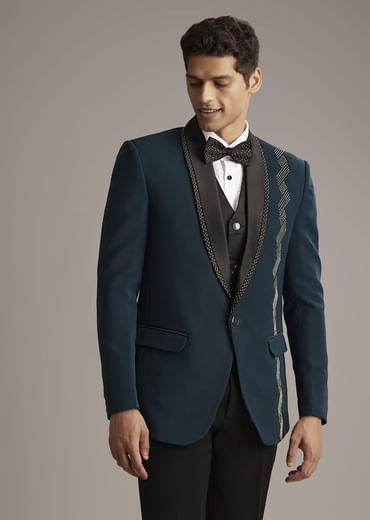 Teal Blue Tuxedo For Men With Cutdana Embroidery