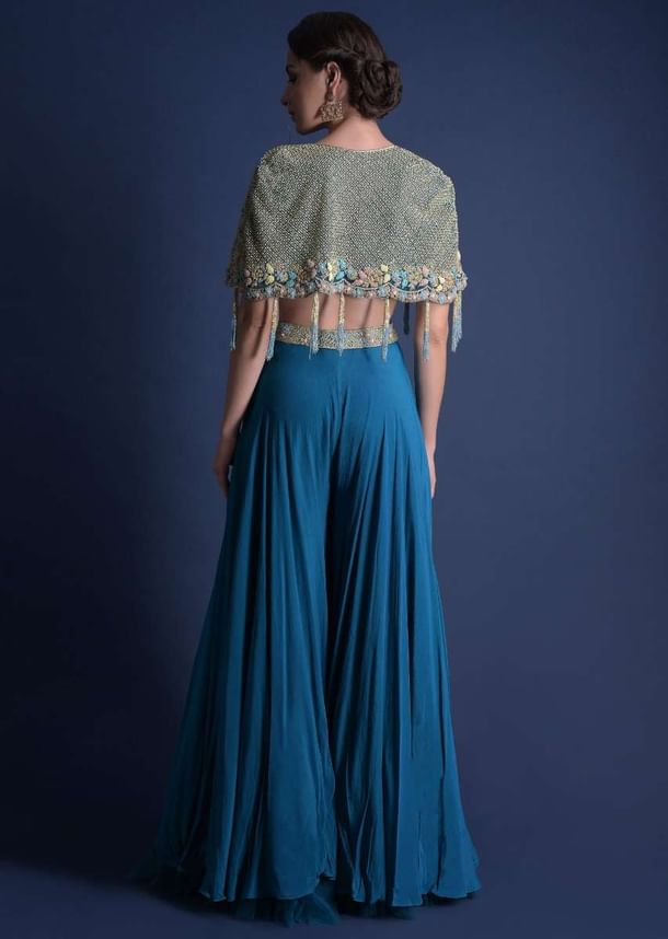 Seaside Blue Crop Top And Palazzo With Embossed Embroidery And Hand Crafted Cape Seaside Blue Crop Top And Palazzo With Embossed Embroidery And Hand Crafted Cape