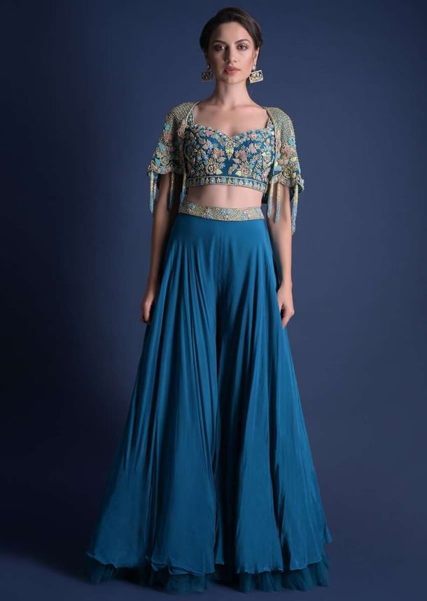 Seaside Blue Crop Top And Palazzo With Embossed Embroidery And Hand Crafted Cape Seaside Blue Crop Top And Palazzo With Embossed Embroidery And Hand Crafted Cape