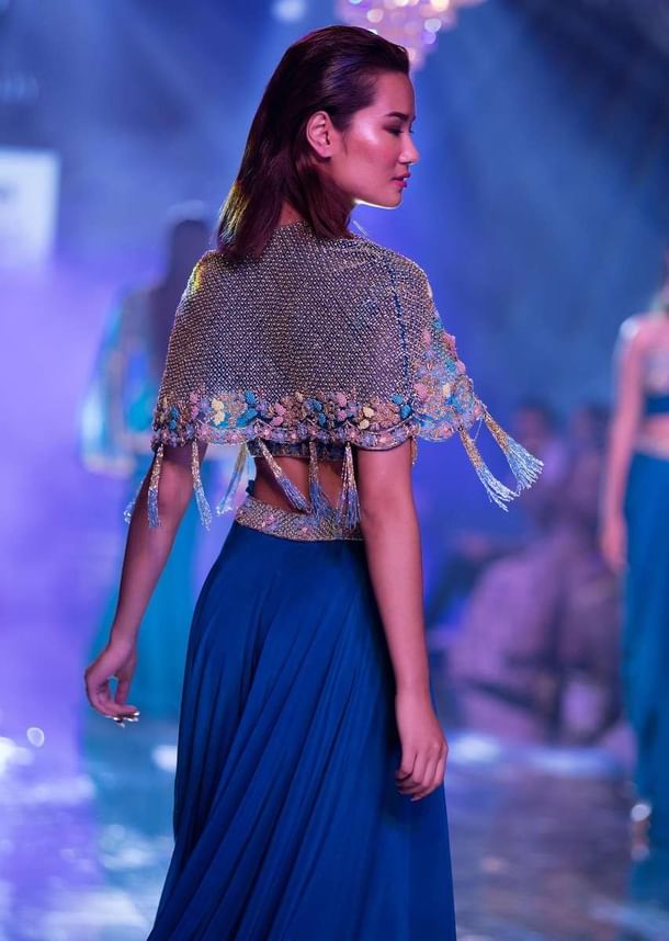 Seaside Blue Crop Top And Palazzo With Embossed Embroidery And Hand Crafted Cape Seaside Blue Crop Top And Palazzo With Embossed Embroidery And Hand Crafted Cape