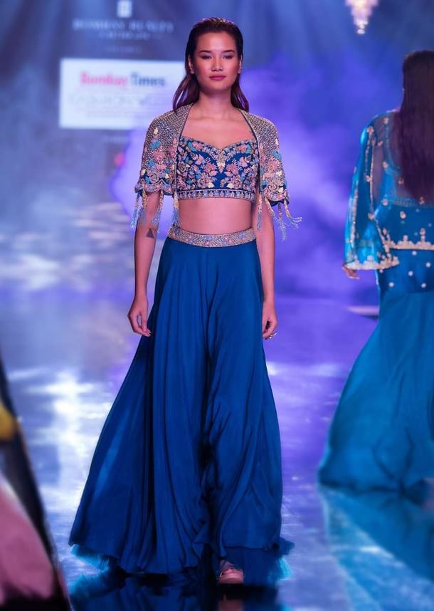 Seaside Blue Crop Top And Palazzo With Embossed Embroidery And Hand Crafted Cape Seaside Blue Crop Top And Palazzo With Embossed Embroidery And Hand Crafted Cape