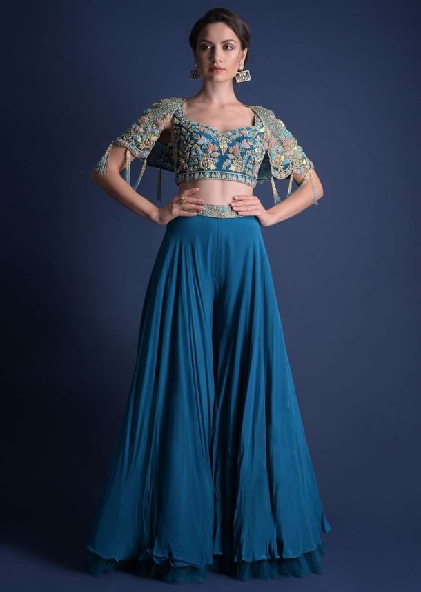 Seaside Blue Crop Top And Palazzo With Embossed Embroidery And Hand Crafted Cape Seaside Blue Crop Top And Palazzo With Embossed Embroidery And Hand Crafted Cape