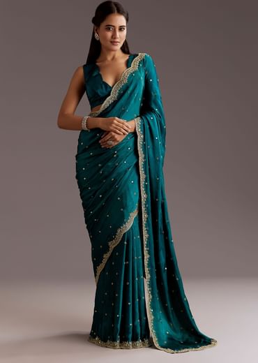 Teal Green Chinon Saree With Cutdana And Sequins Scallop Border