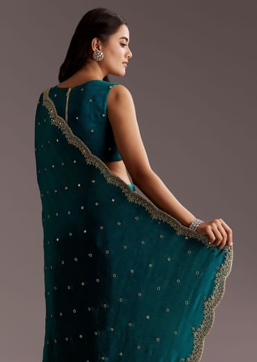Teal Green Chinon Saree With Cutdana And Sequins Scallop Border