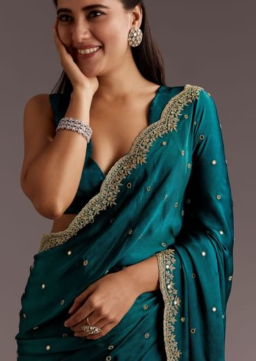 Teal Green Chinon Saree With Cutdana And Sequins Scallop Border