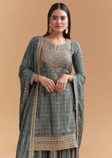 Teal Green Crepe Palazzo Suit With Hand Embroidery And Bandhani Print