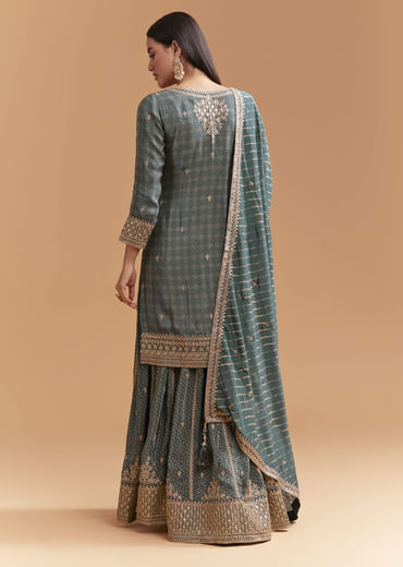 Teal Green Crepe Palazzo Suit With Hand Embroidery And Bandhani Print